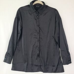 NEW Shein Women's Black Satin Button Down Blouse Sz S NWT